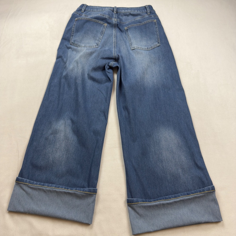 Halara Petite Wide Leg Rolled Hem Medium Wash High Rise Blue Denim Small Petite - Picture 9 of 10